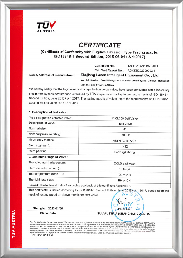 Chứng chỉ TUV ISO15848 (Van bi 4