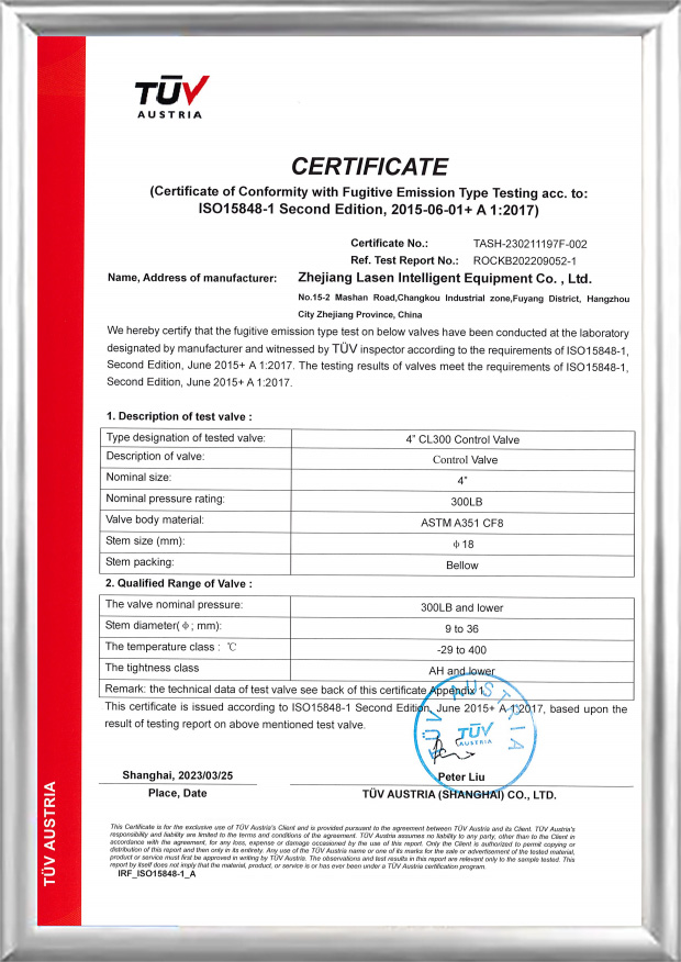 Chứng chỉ TUV ISO15848 (Van điều khiển CL300 4