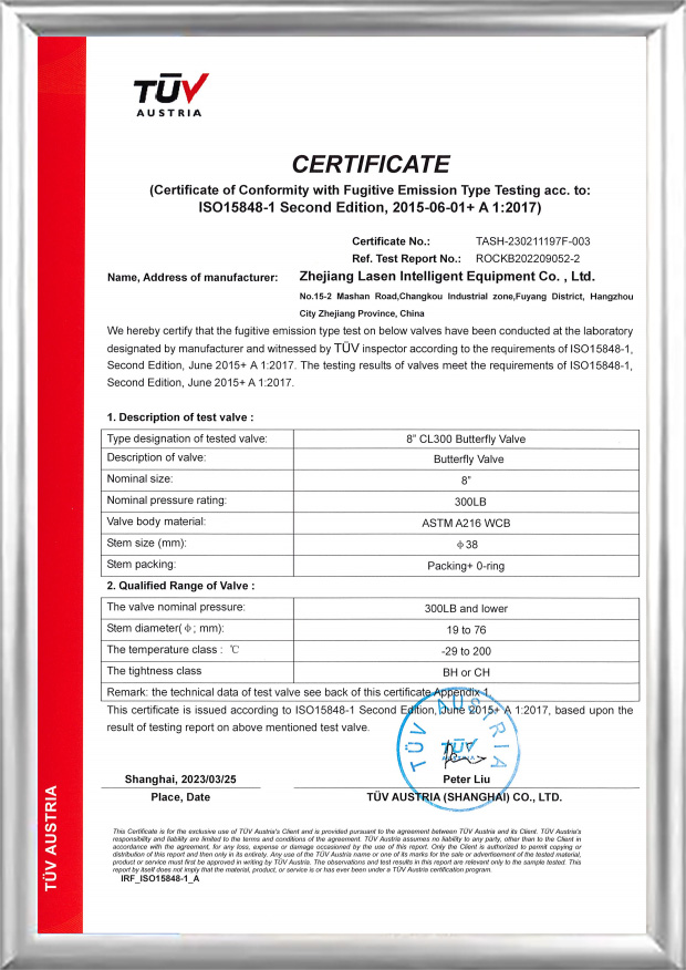 Chứng chỉ TUV ISO15848 (Van bướm CL300 8